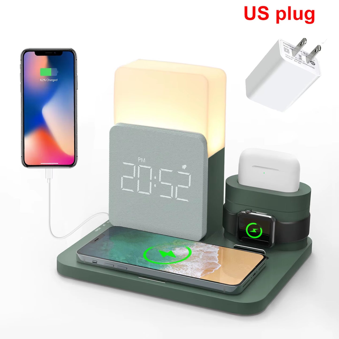 15W Wireless Charging Station 4 in 1 Watch Charger Alarm Clock Phone Holder Upgraded Dock Station for Iphone 13 14 Airpot Iwatch