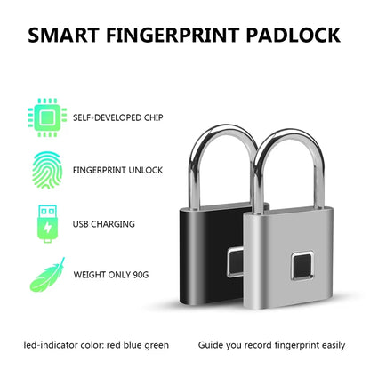 Black Silver Keyless USB Rechargeable Door Lock Fingerprint Smart Padlock Quick Unlock Zinc Alloy Metal Self Developing Chip