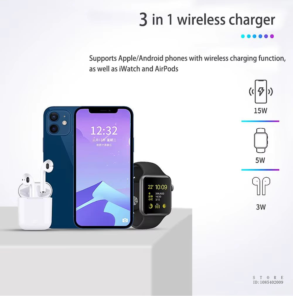 3-In-1 Wireless Charger 15W Fast Wireless Charging Station for Iphone 15/14/13/12, for Apple Watch and Airpods Multiple Devices