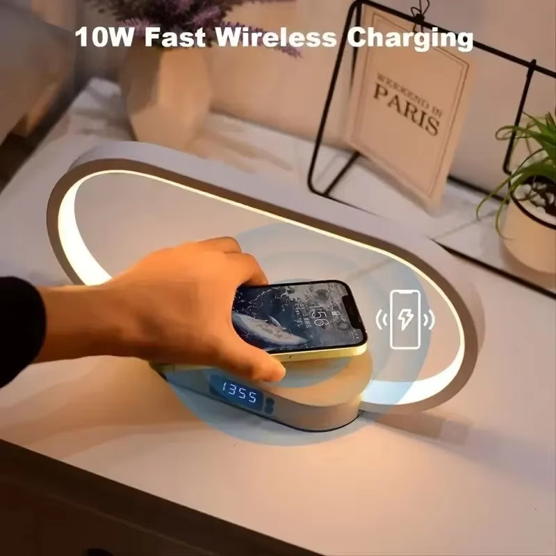 Wireless Charger Multifunction Pad Stand Clock LED Desk Lamp Night Light USB Port Fast Charging Station Dock for Iphone Samsung