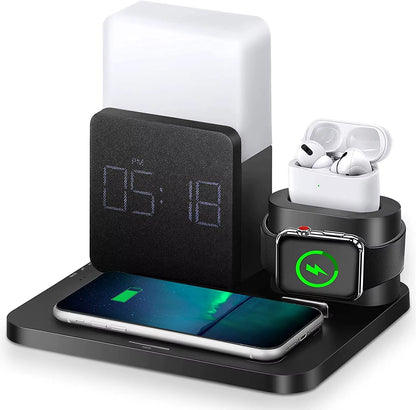 15W Wireless Charging Station 4 in 1 Watch Charger Alarm Clock Phone Holder Upgraded Dock Station for Iphone 13 14 Airpot Iwatch