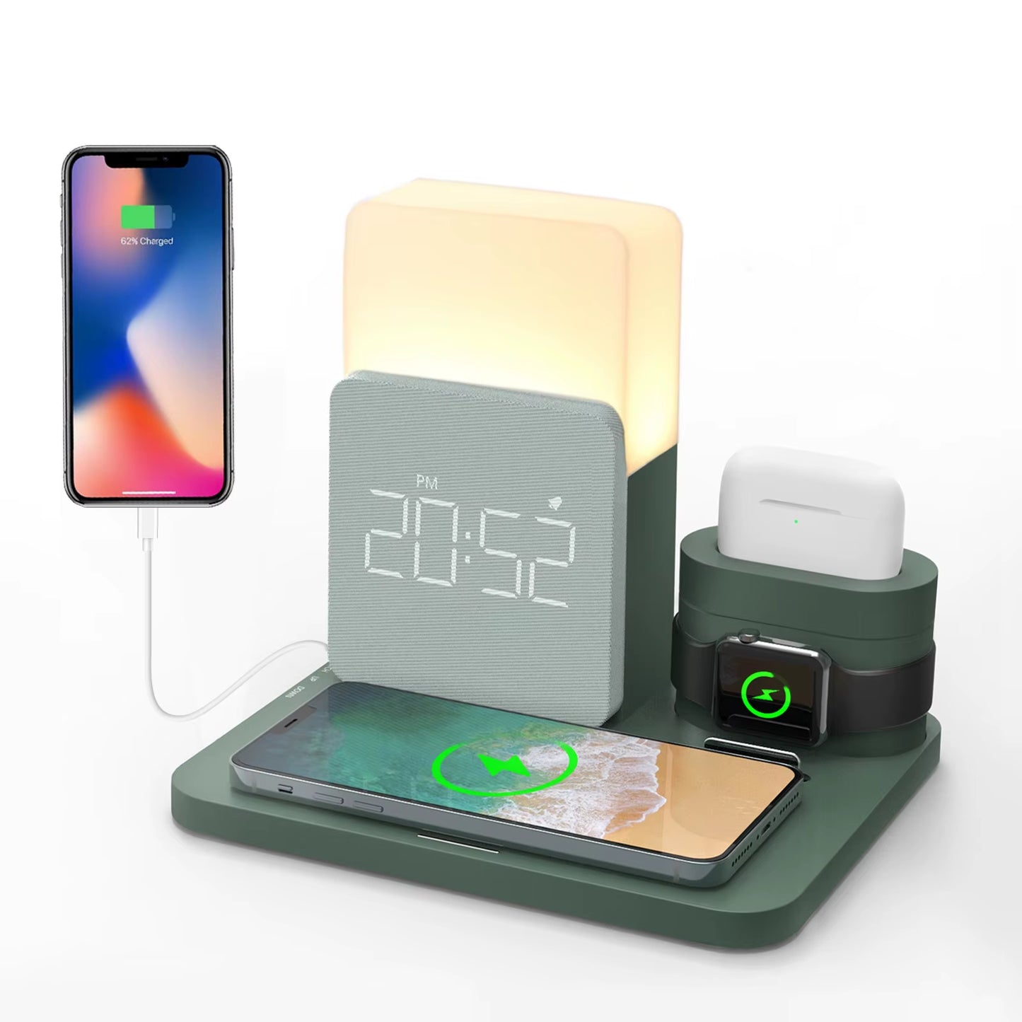 15W Wireless Charging Station 4 in 1 Watch Charger Alarm Clock Phone Holder Upgraded Dock Station for Iphone 13 14 Airpot Iwatch