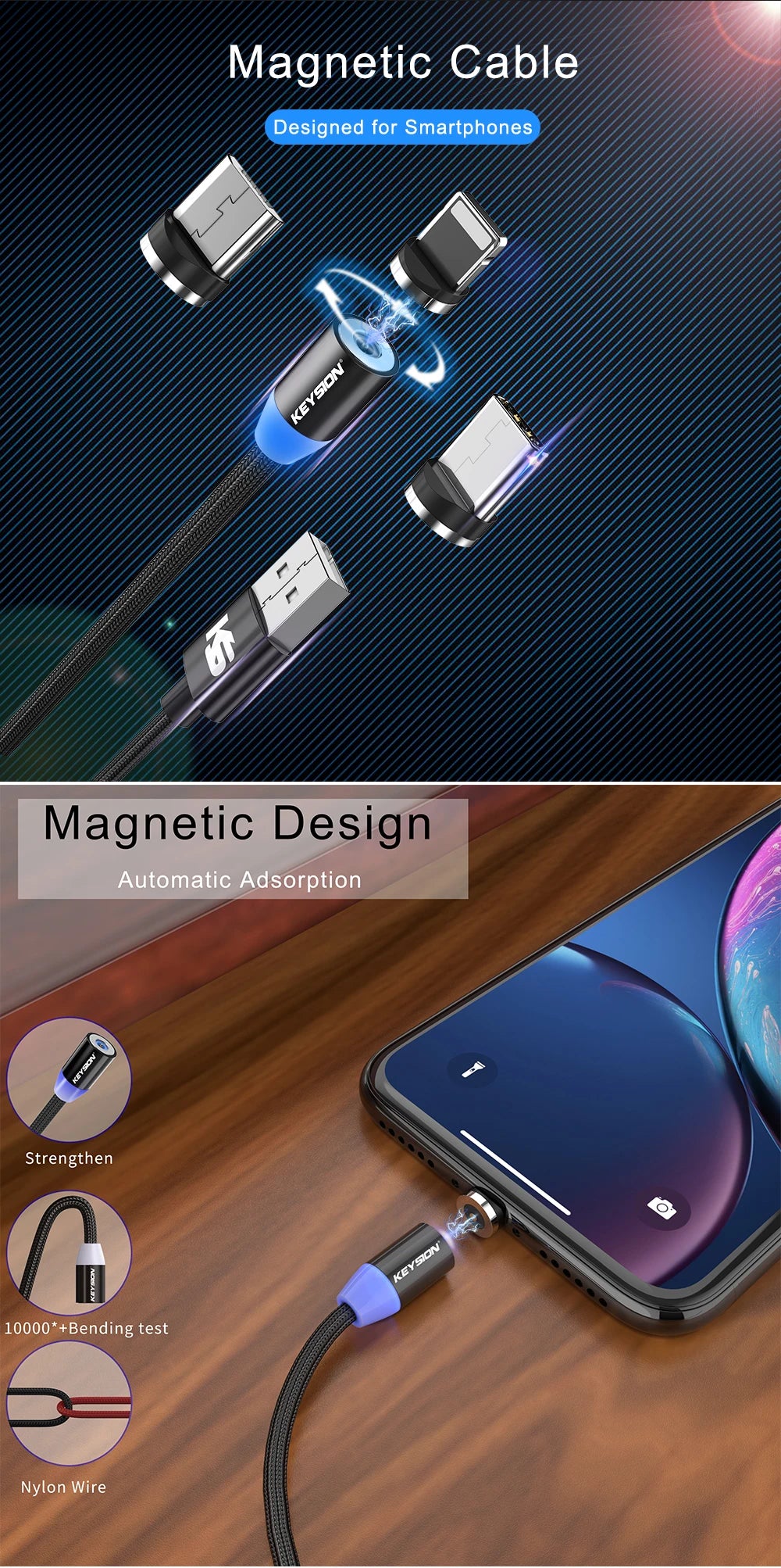 LED Magnetic USB Cable Fast Charging, Type C, IOS & Micro USB Mobile Phone Cable