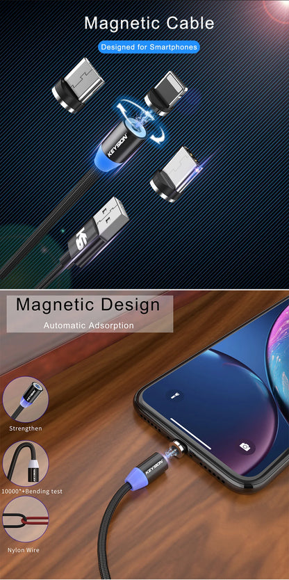 LED Magnetic USB Cable Fast Charging, Type C, IOS & Micro USB Mobile Phone Cable