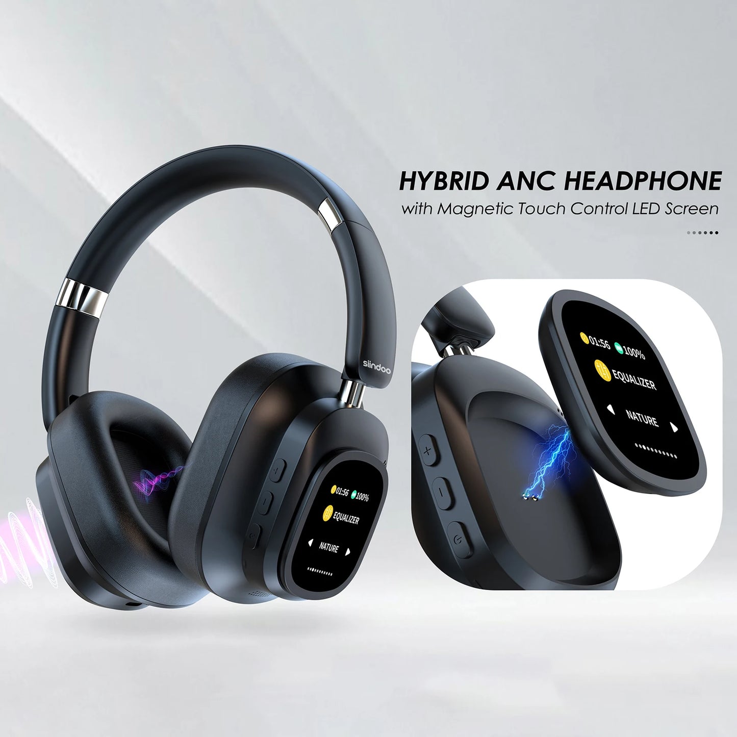 Auriculares inalámbricos híbridos con control táctil multimagnético y pantalla LED con cancelación activa de ruido 