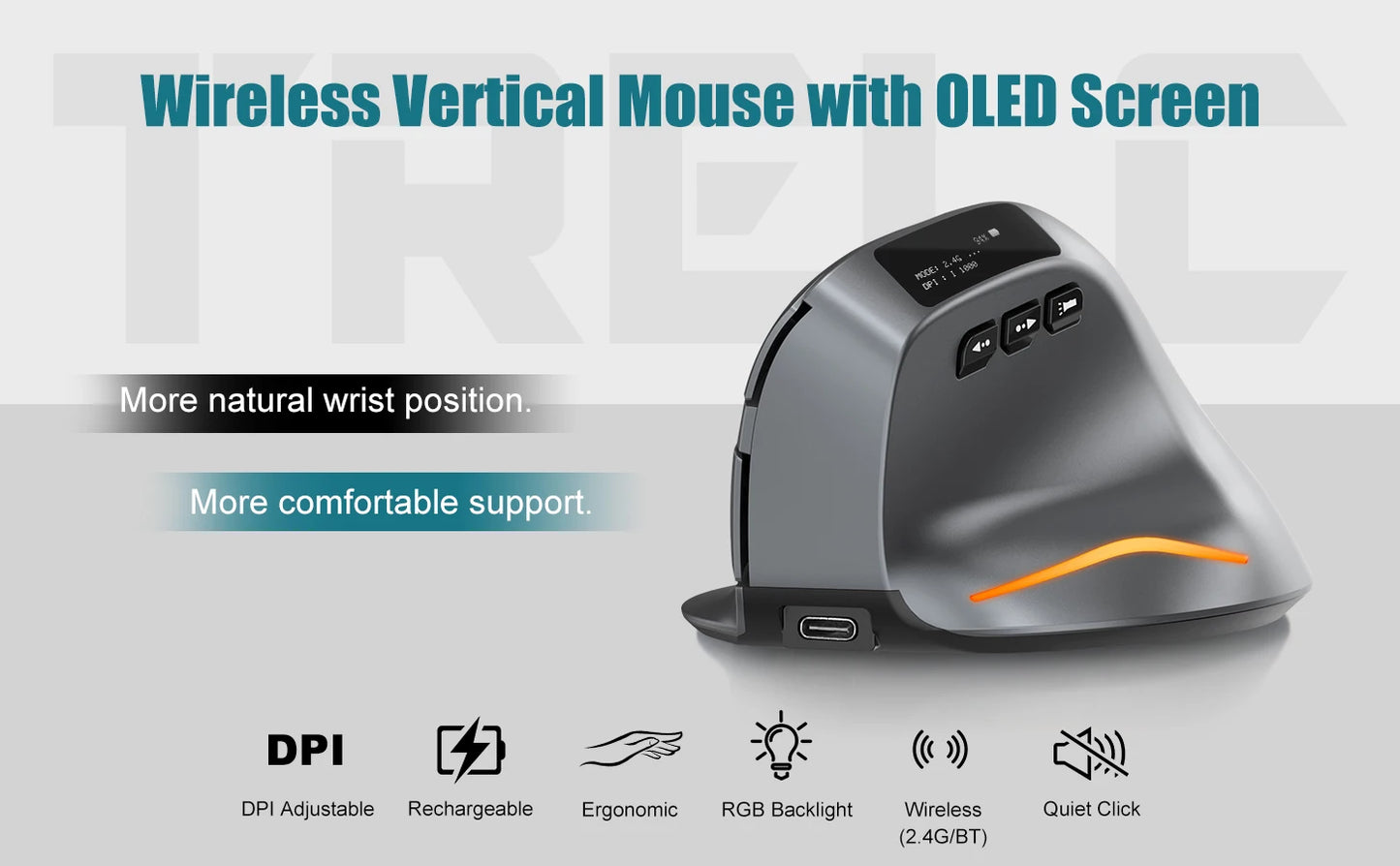 Vertical Bluetooth Wireless Ergonomic Optical Mouse With OLED Screen USB Rechargeable