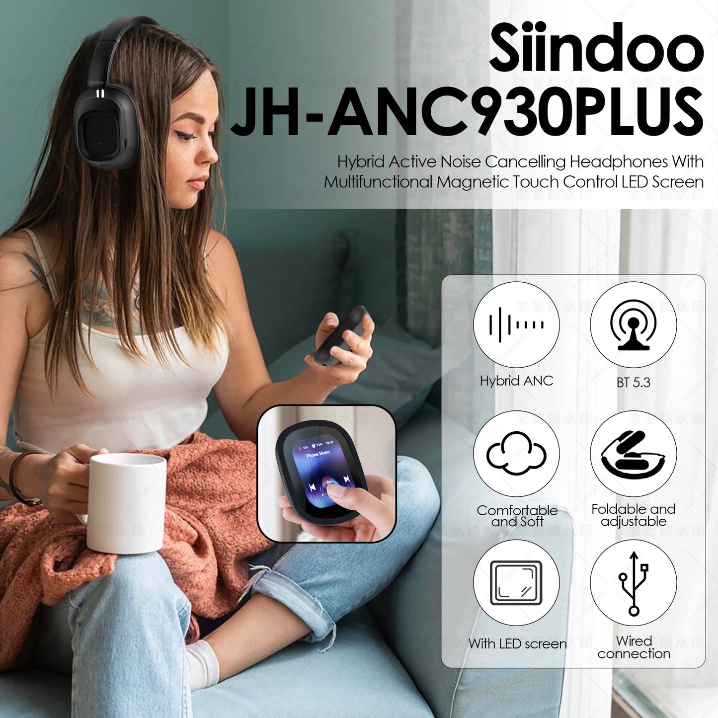 Auriculares inalámbricos híbridos con control táctil multimagnético y pantalla LED con cancelación activa de ruido 