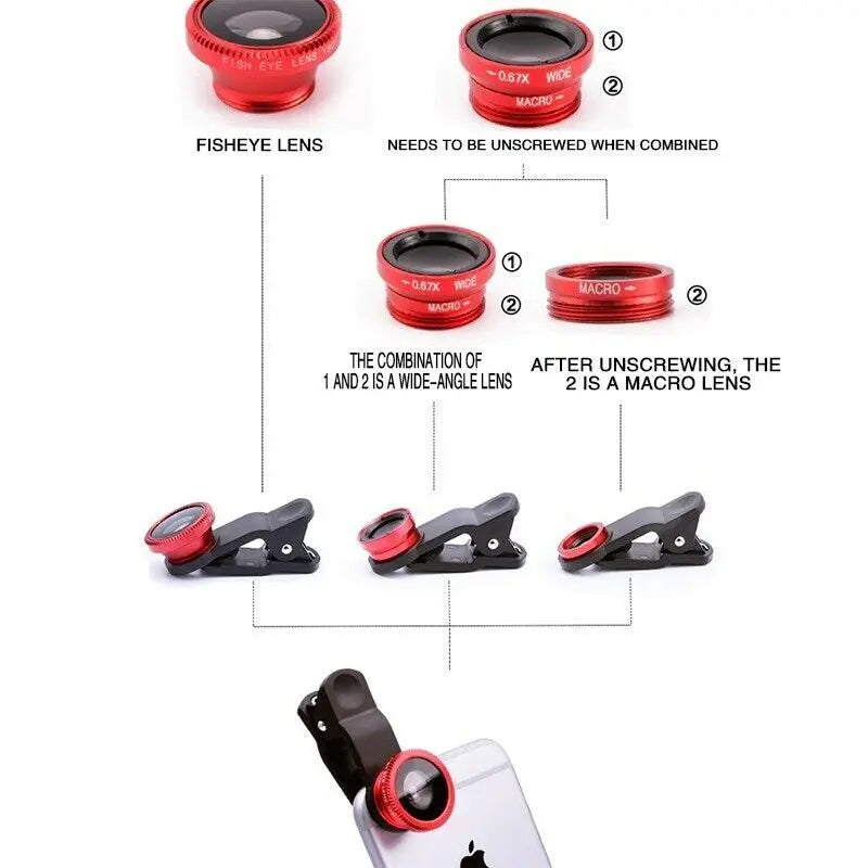 3in1 Phone Lens 0.67X Wide Angle Zoom, Fish Eye & Macro Lenses Camera Kits With Clip Lens On The Phone For Smartphone