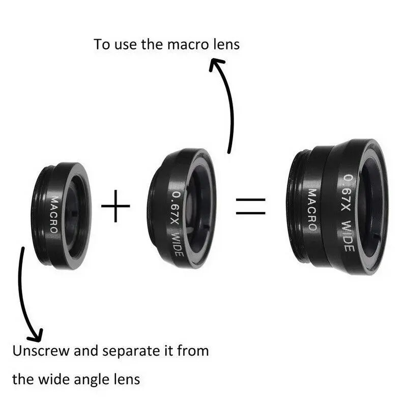 3in1 Phone Lens 0.67X Wide Angle Zoom, Fish Eye & Macro Lenses Camera Kits With Clip Lens On The Phone For Smartphone