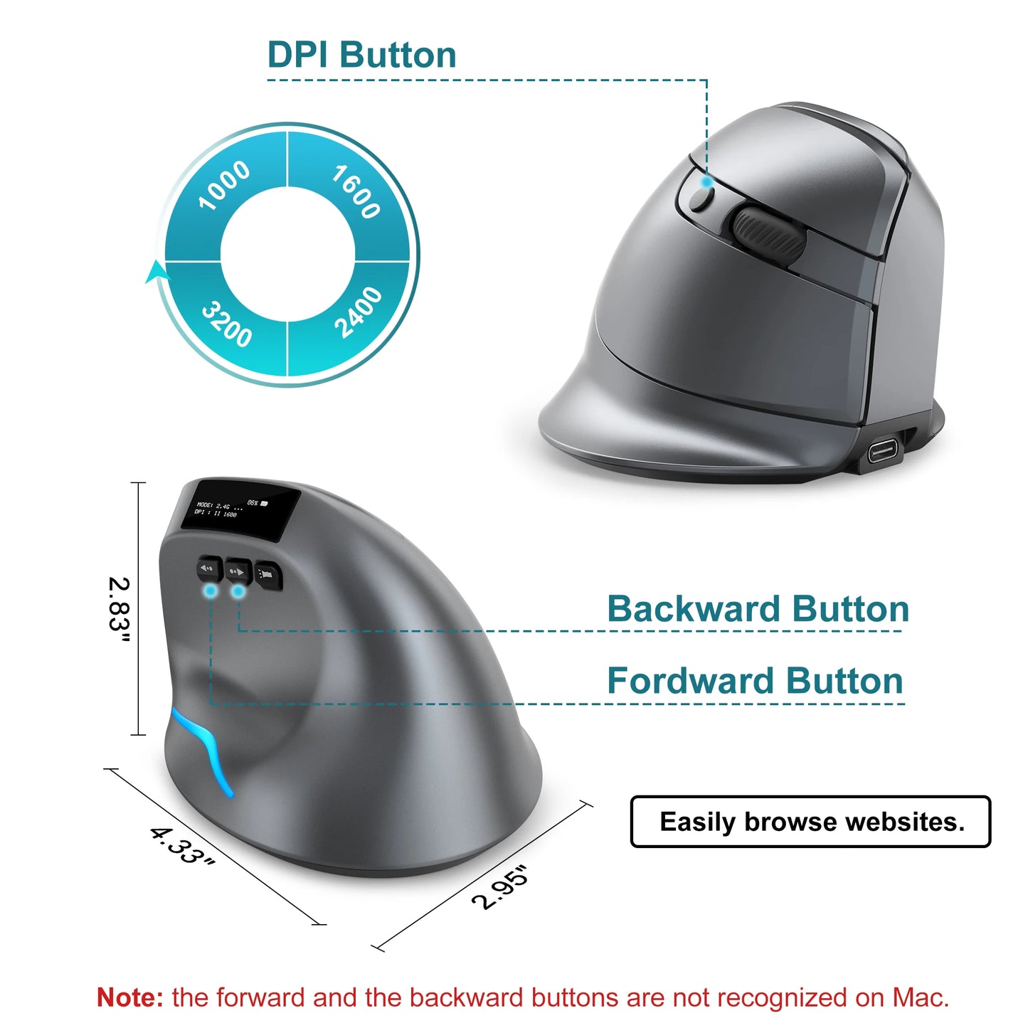 Vertical Bluetooth Wireless Ergonomic Optical Mouse With OLED Screen USB Rechargeable