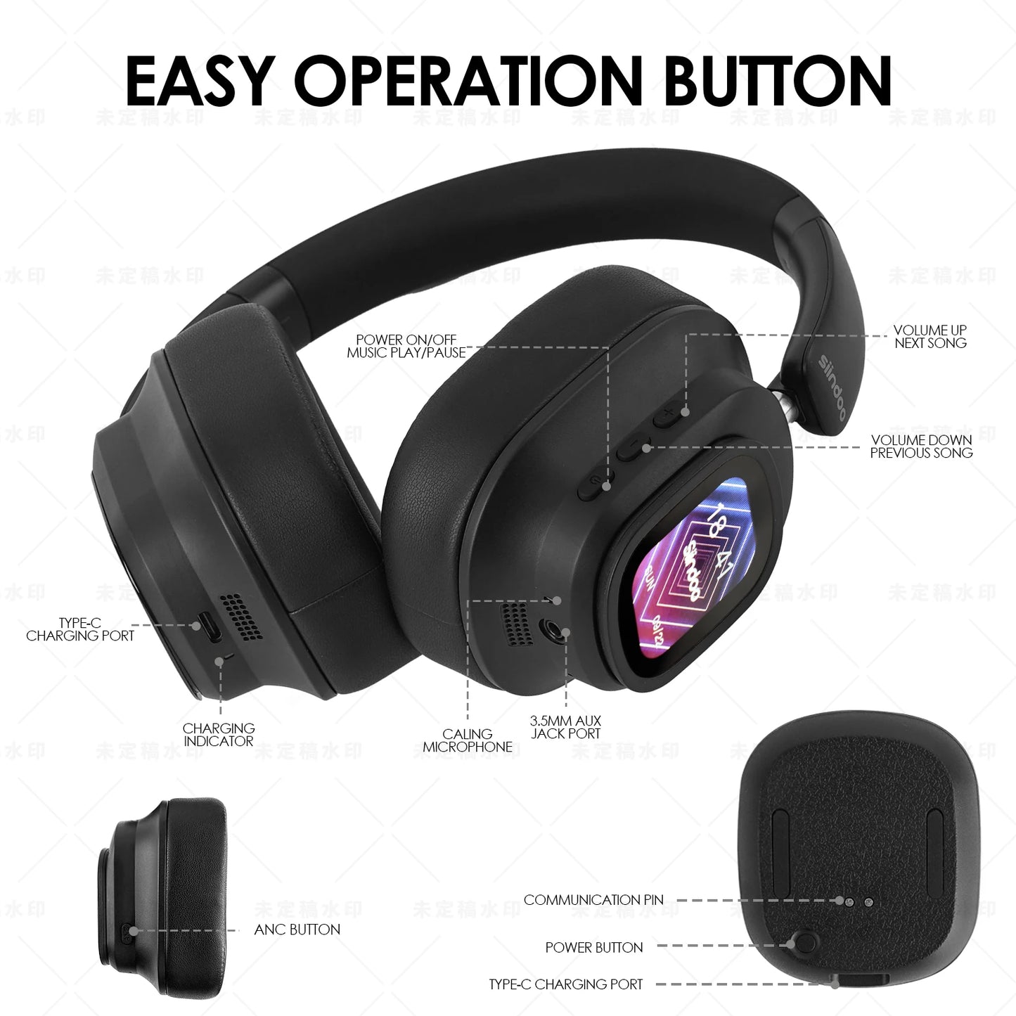 Auriculares inalámbricos híbridos con control táctil multimagnético y pantalla LED con cancelación activa de ruido 