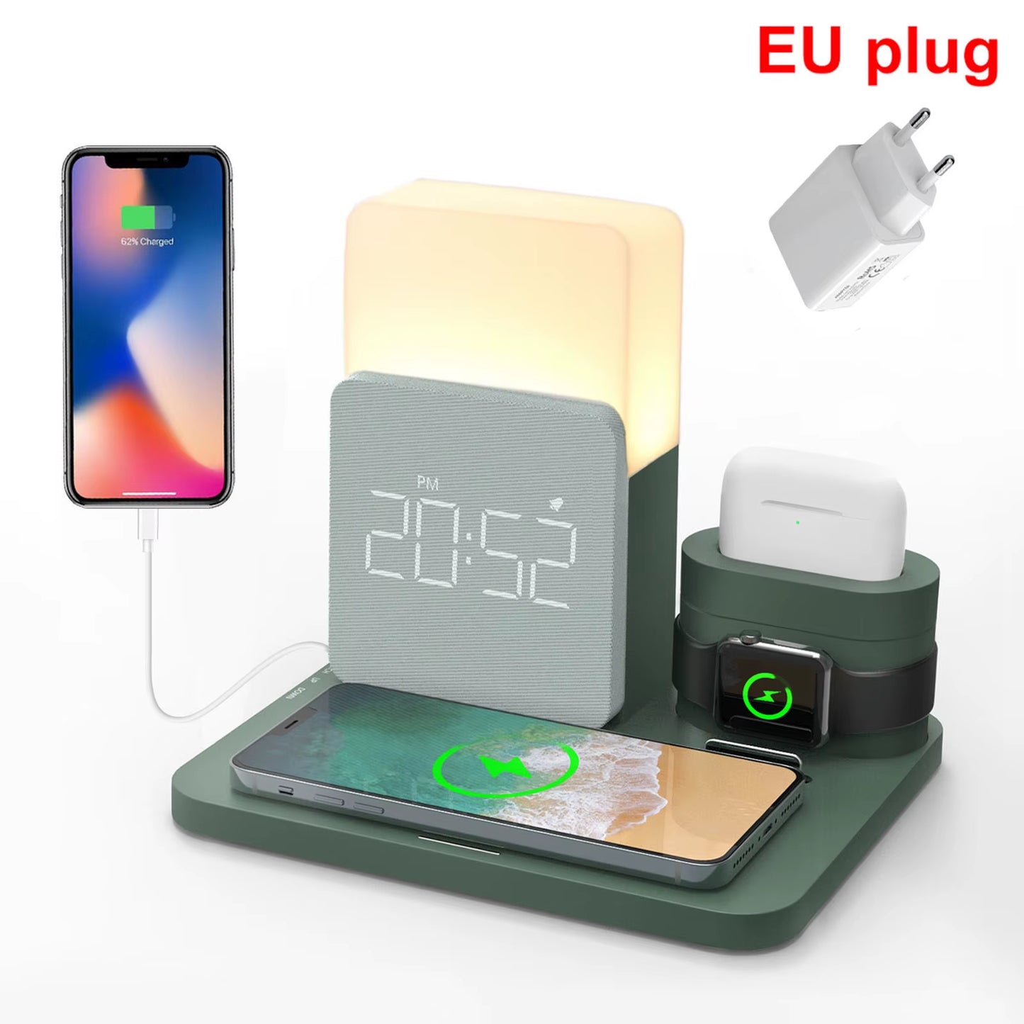 15W Wireless Charging Station 4 in 1 Watch Charger Alarm Clock Phone Holder Upgraded Dock Station for Iphone 13 14 Airpot Iwatch