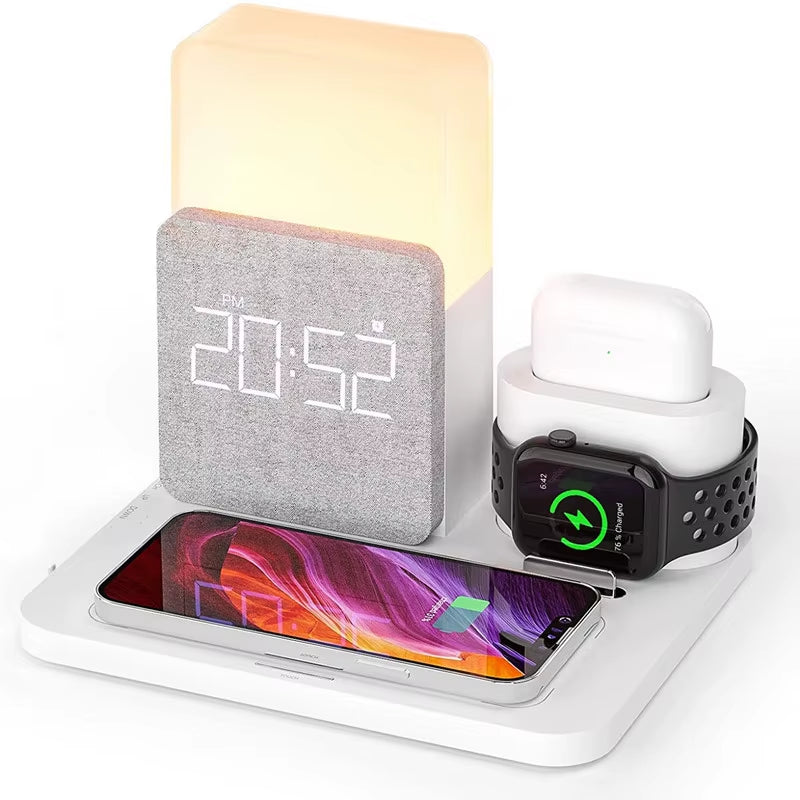 15W Wireless Charging Station 4 in 1 Watch Charger Alarm Clock Phone Holder Upgraded Dock Station for Iphone 13 14 Airpot Iwatch