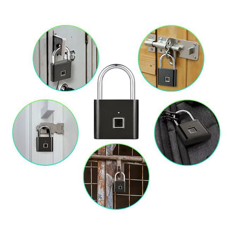 Black Silver Keyless USB Rechargeable Door Lock Fingerprint Smart Padlock Quick Unlock Zinc Alloy Metal Self Developing Chip